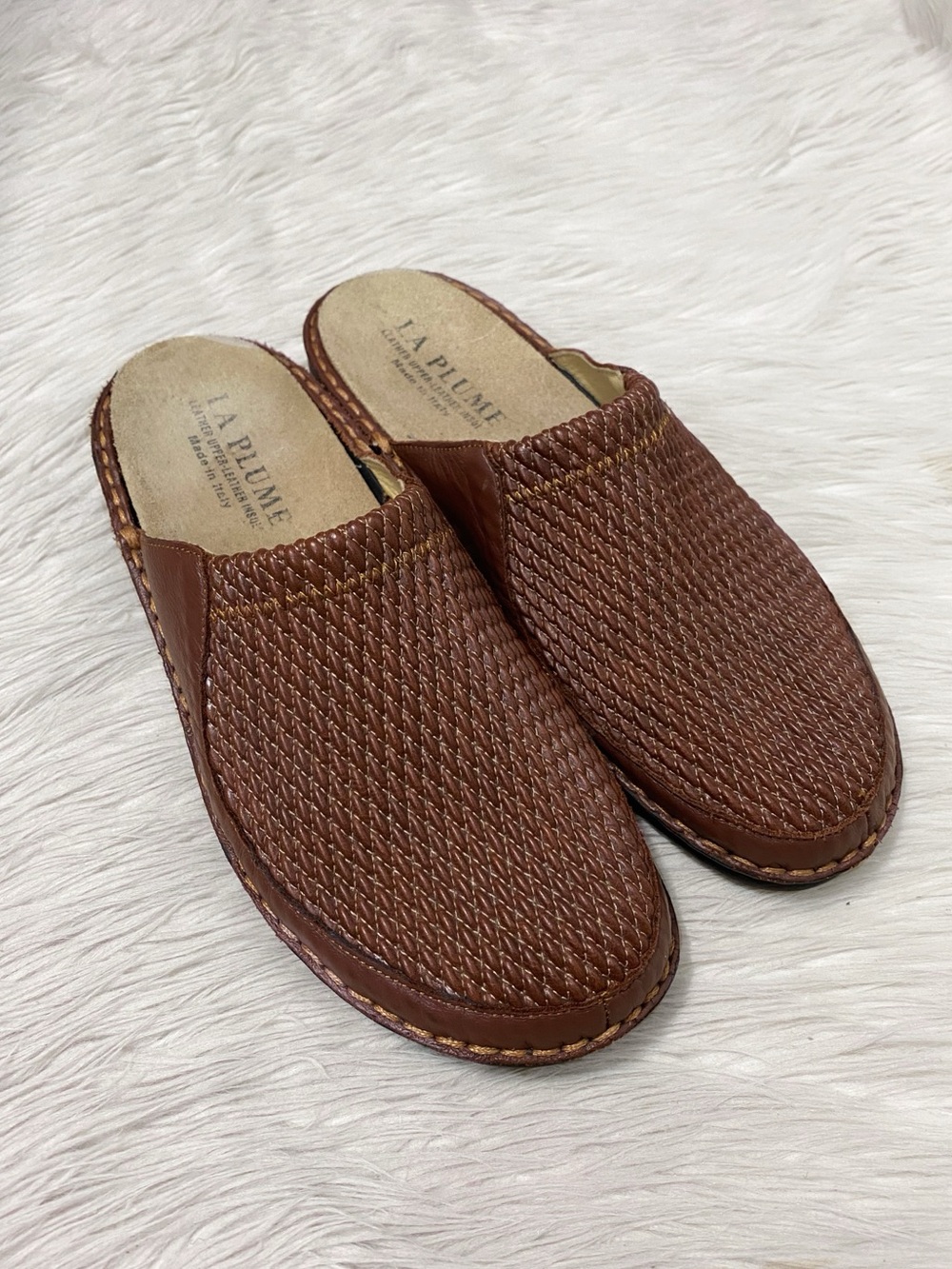 La Plume Flex Clogs Brown Leather Weave Stretch Fabric Slip-On Comfort Shoes 40